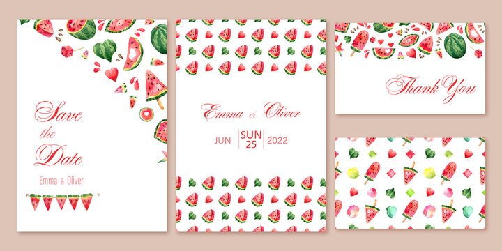 Wedding invitation template with watercolor watermelon decor. Isolated illustration for celebration design with slices of berry. Summer set for invite on bridal with fruit seamless pattern and border