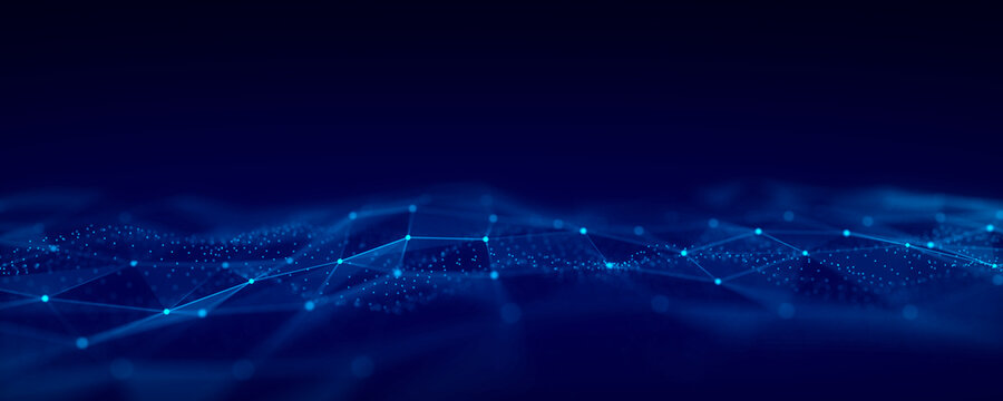 Abstract futuristic wave with moving dots, lines and triangles. Flow of particles. Cyber technology illustration. 3d rendering