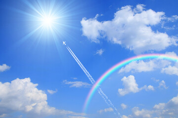太陽と青空に飛行機雲