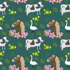 seamless pattern with cows, horses, flowers, swans. vector graphics