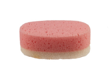 Pink bath sponge isolated on a white background. Body foam and massage sponge for bath.