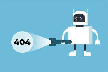 A white robot searching for a 404 error with a torch light. 404 page not found error concept with a robot flat design vector. System finding 404 error with a big torch light on a blue background.