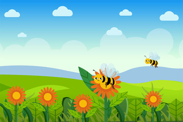 Bees fly over the flower garden and collect honey from the plant vector concept. Cute smiling bees fly and collect nectar from the daisy flowers vector. Greenland with flower garden and blue skies.