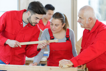 carpenter with woman and man apprentice in workshop