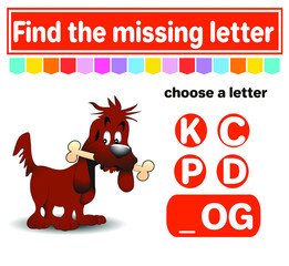 Logic puzzle game. Learning words for kids. Find the hidden name. Education developing worksheet. Activity page for study English. Game for children. Isolated vector illustration. Cartoon style dog