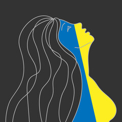 silhouette of a girl painted in yellow and blue colors of the flag of Ukraine asking for help is drawn by a gray line on a black background. lineart