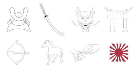Samurai cartoon pictograms vector set illustration.