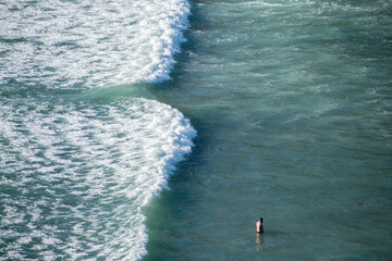 View of tourist bathing near dangerous rip current at Piha beach, Auckland, New Zealand. Copy space...