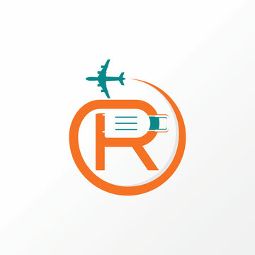 Simple letter R sans serif font with circle line, airplane fly, and suitcase image graphic icon logo design abstract concept vector stock. Can be used as a symbol related to initial or travel vacation