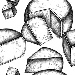 Cheese seamless pattern background design. Engraved style. Hand drawn parmigiano reggiano.