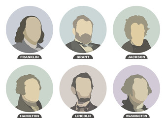 Benjamin Franklin, Ulysses S. Grant, Andrew Jackson, Alexander Hamilton, Abraham Lincoln and George Washington, politicians and Presidents of the United States of America. Stylized portraits set
