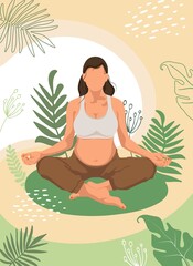 Obraz na płótnie Canvas Young Pregnant woman Meditating sitting in lotus pose on the Nature. Faceless style. Concept illustration for Yoga, Meditation, relax, healthy lifestyle and sports activities. Vector illustration.