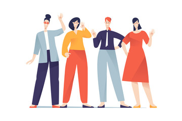Group of friendly smiling women waving hands. Vector illustration