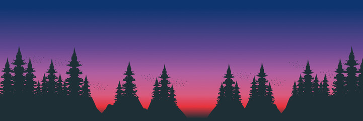 sunset forest landscape flat design vector illustration good for wallpaper, background, banner, web, backdrop, tourism, travel and design template