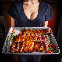 Grilled Meat on the waiter's tray, Restaurant food