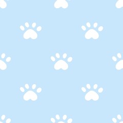 Blue cat seamless pattern. Meow and cat paws background vector illustration. Cute cartoon pastel character for nursery girl baby print.