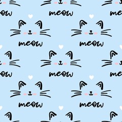 Blue cat seamless pattern. Meow and cat paws background vector illustration. Cute cartoon pastel character for nursery girl baby print.