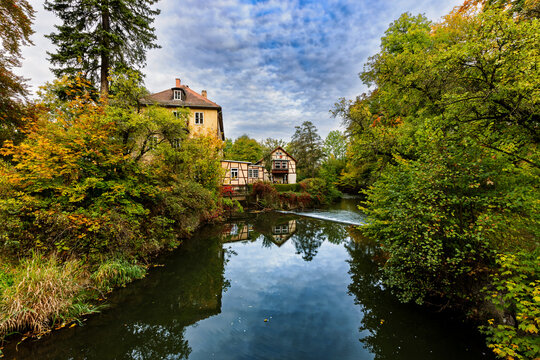 The Ilm river in the park on the Ilm in Weimar, Thuringia, Germany.
