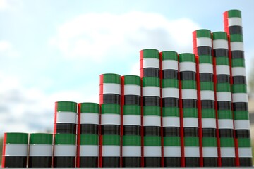 Stacks of steel drums with flag of the UAE form increasing chart or upwards trend. Petroleum industry success concept, 3D rendering