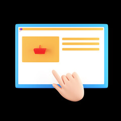 3D Illustration Of Hand Click Shopping Basket For Online Shopping Website Display Against Black Background.