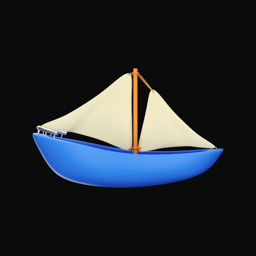 3D Render Of Blue Sail Boat Against Black Background.
