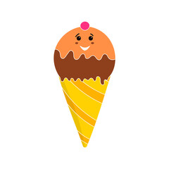 Cheerful Ice Cream Cone Flat Icon In Yellow And Brown.
