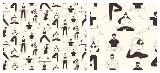 Collection of seamless patterns with people doing fitness exercises and yoga. The concept of sport, gym, yoga, pilates, fitness. Healthy lifestyle. Vector illustration. Sketch style.