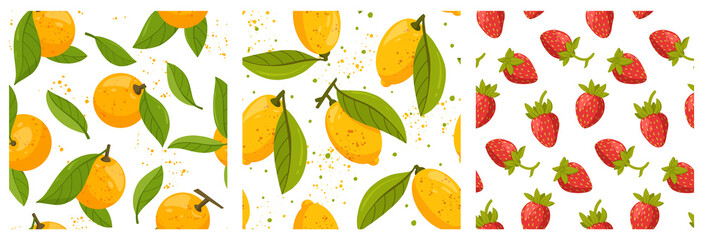 Collection of seamless patterns with orange fruits, strawberries and lemons on a white background. Fresh citrus. Exotic tropical plant. Design for wrapping paper, print, textile. Vector illustration.