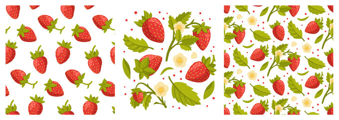 Collection and seamless patterns of fresh strawberries, branches, green leaves and flowers isolated on white background. Fresh, organic berries. Gardening or horticulture concept. Vector illustration.
