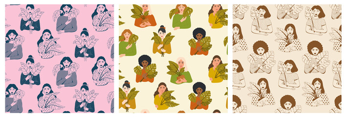 Collection of seamless patterns with female portraits of various nationalities and cultures. Happy International Women's Day. Different ethnicity women. Flat vector illustration. 