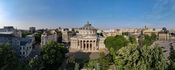 Aerial drone panoramic view of Romanian Athenaeum in Bucharest, Romania