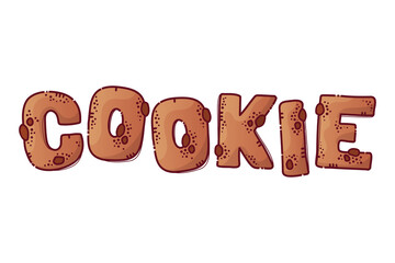 Inscription - cookie, composed by letters in the form of gingerbread with chocolate chips. Cookie lettering. Isolated objects for books, textile, cards, t-shirt prints. Vector hand drawn style.