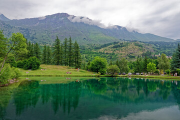 View of Laux lake, small alpine lake near Usseaux, in Val Chisone, Piedmont, Italy