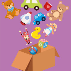 falling toys on box