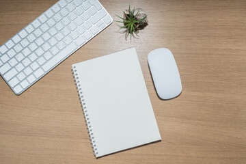 Modern office desk. Workplace with keyboard, template notepad, mouse, trendy tillandsia plant. Home office, online learning, webinars, blogging. Flat lay, top view, copy space.