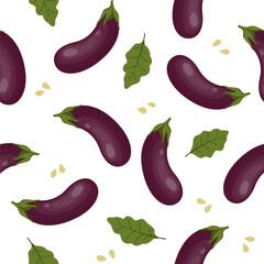 Seamless pattern with aubergine and leaves. Vector pattern on a white background in flat style.