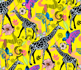 Giraffe and parrot. Seamless abstract pattern. Fashion textiles, fabric, packaging. 