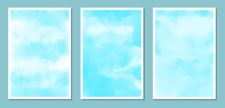 Hand painted watercolor sky and clouds, abstract watercolor azure blue texture, vector illustration. Set of vector images.