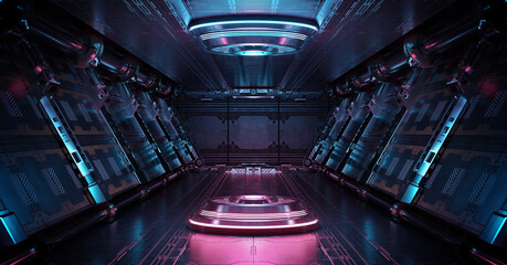 Blue and pink spaceship interior with projector. Futuristic corridor in space station with glowing neon lights background. 3d rendering - obrazy, fototapety, plakaty