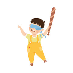 Little Boy with Wooden Stick Ready to Hit Pinata at Birthday Party Vector Illustration