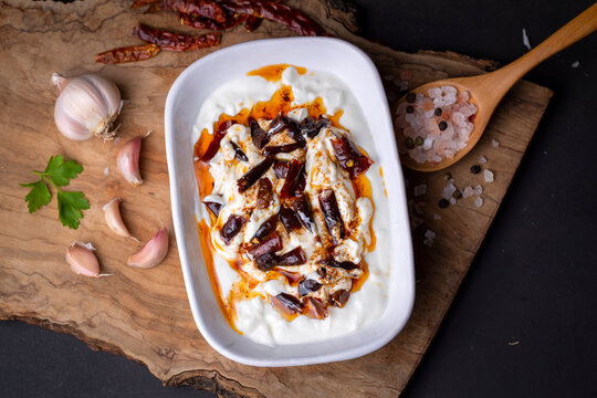 Traditional Turkish and Greek Meze with chili peppers. Turkish Appetizer Atom with yogurt. Turkish atom meze