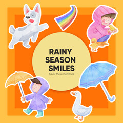 Sticker template with children rainy season concept,watercolor style
