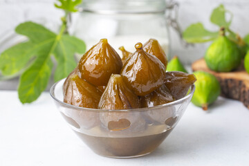 Green fresh fig jam, Turkish dessert. (Turkish name; incir receli)