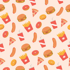 Fast Food vector seamless pattern with hamburger,hotdog,pizza,beverage,fries,
cheeseburger,donut. Restaurant menu background.