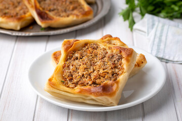 Traditional delicious Turkish foods; Kaytaz pastry with minced meat of Turkey Hatay - Antakya region (Turkish name; Kaytaz boregi)