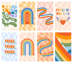 Vector collection of LGBTQ community symbols retro pride vibes with rainbow Pride month hand drawn concept Vector illustration - obrazy, fototapety, plakaty