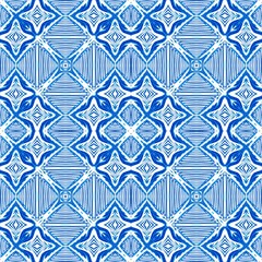 Blue white watercolor azulejos tile background. Seamless coastal geometric floral mosaic effect. Ornamental arabesque all over summer fashion damask repeat