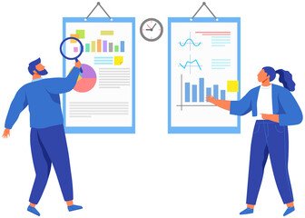 Reading report, survey concept. Man with magnifying glass looking for information in text document. Employee analyzes term of contract. Analysis data launch of new business project. Check startup data