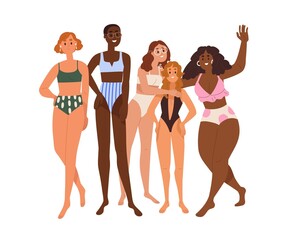 Happy diverse women in swimwear, bikini portrait. Girls group of different race, skin color, height, weight. Diversity, body positivity concept. Flat vector illustration isolated on white background