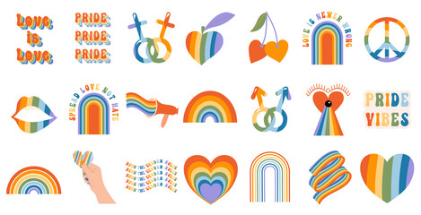 Vector collection of LGBTQ community symbols retro pride vibes with rainbow Pride month hand drawn concept Vector illustration